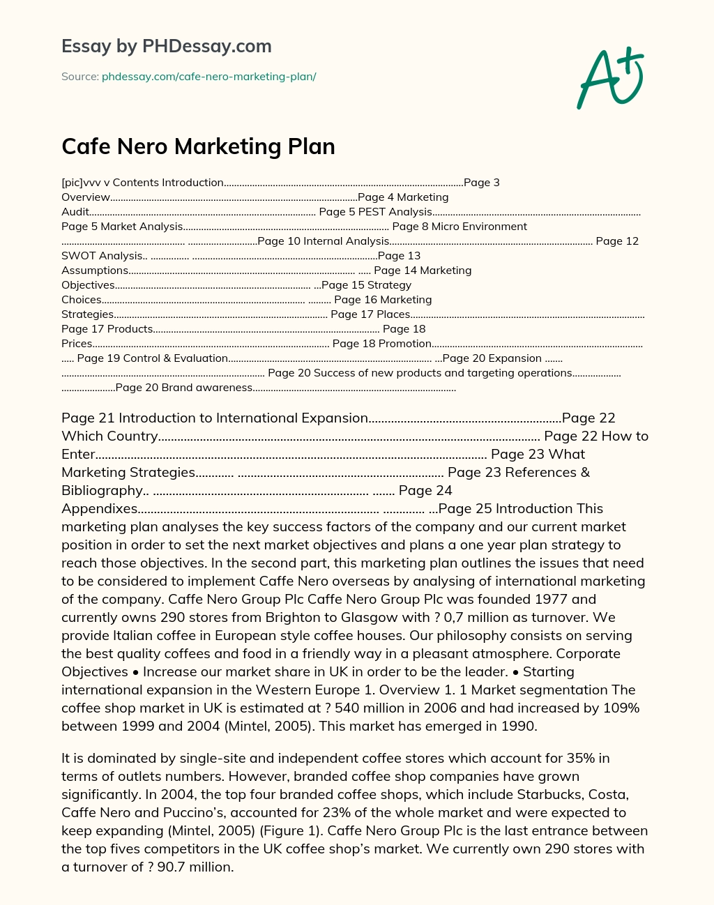 Cafe Nero marketing plan essay