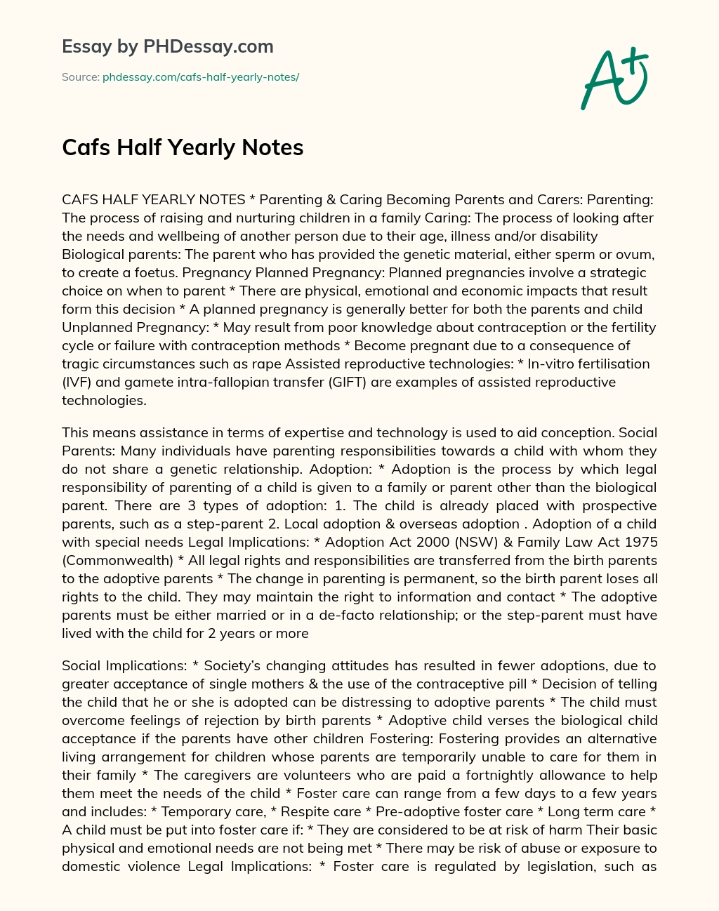 Cafs Half Yearly Notes essay