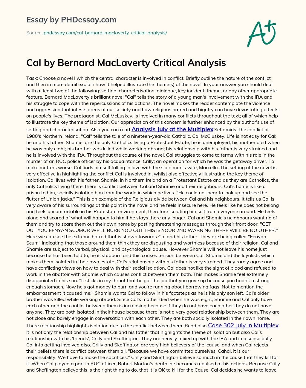 Cal by Bernard MacLaverty Critical Analysis essay
