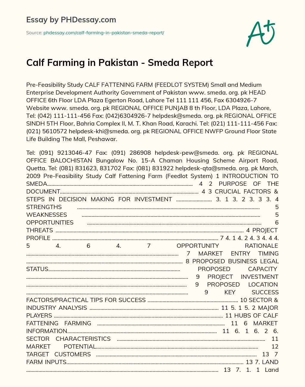 Calf Farming in Pakistan – SMEDA Report essay