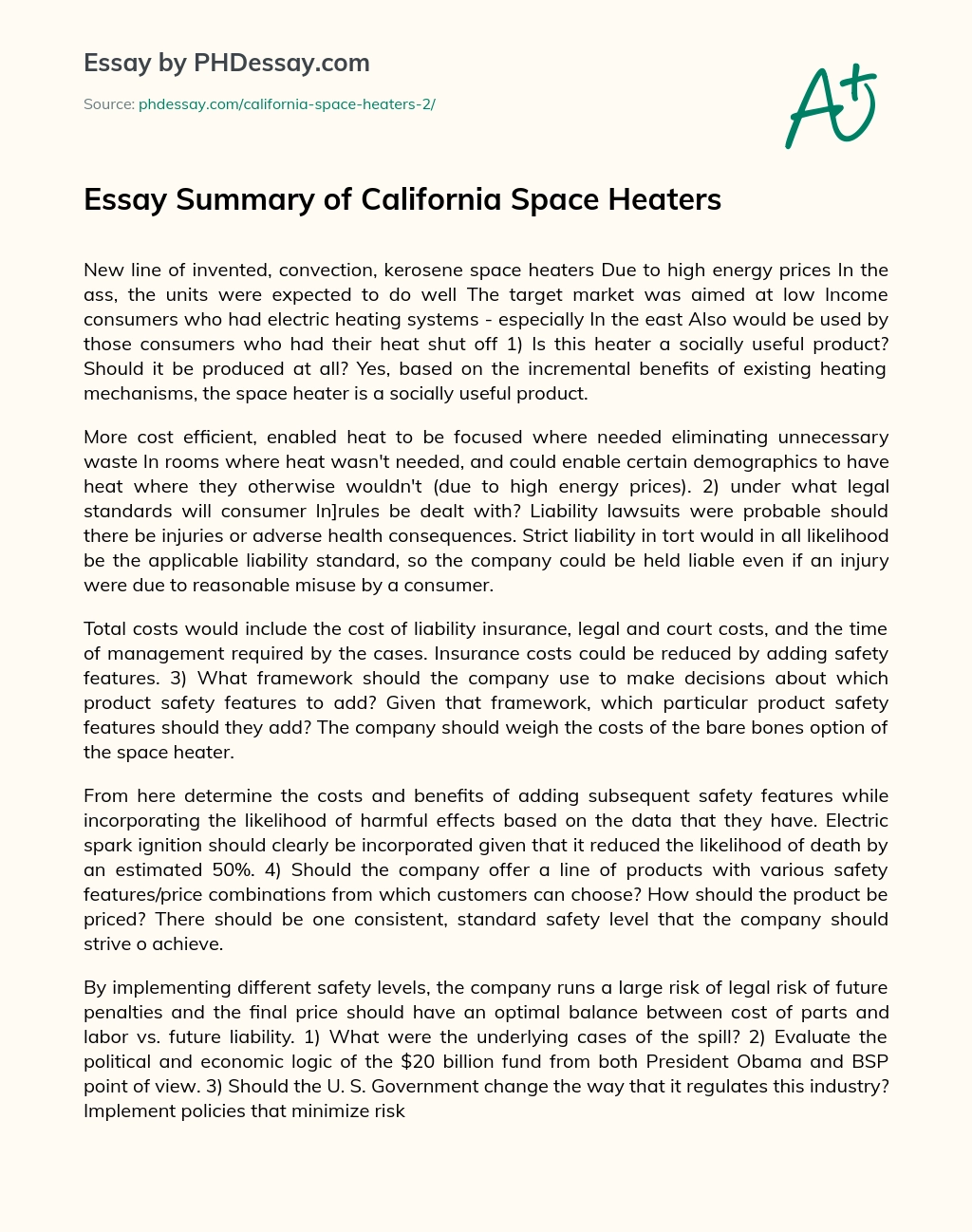 Summary of California space heaters essay