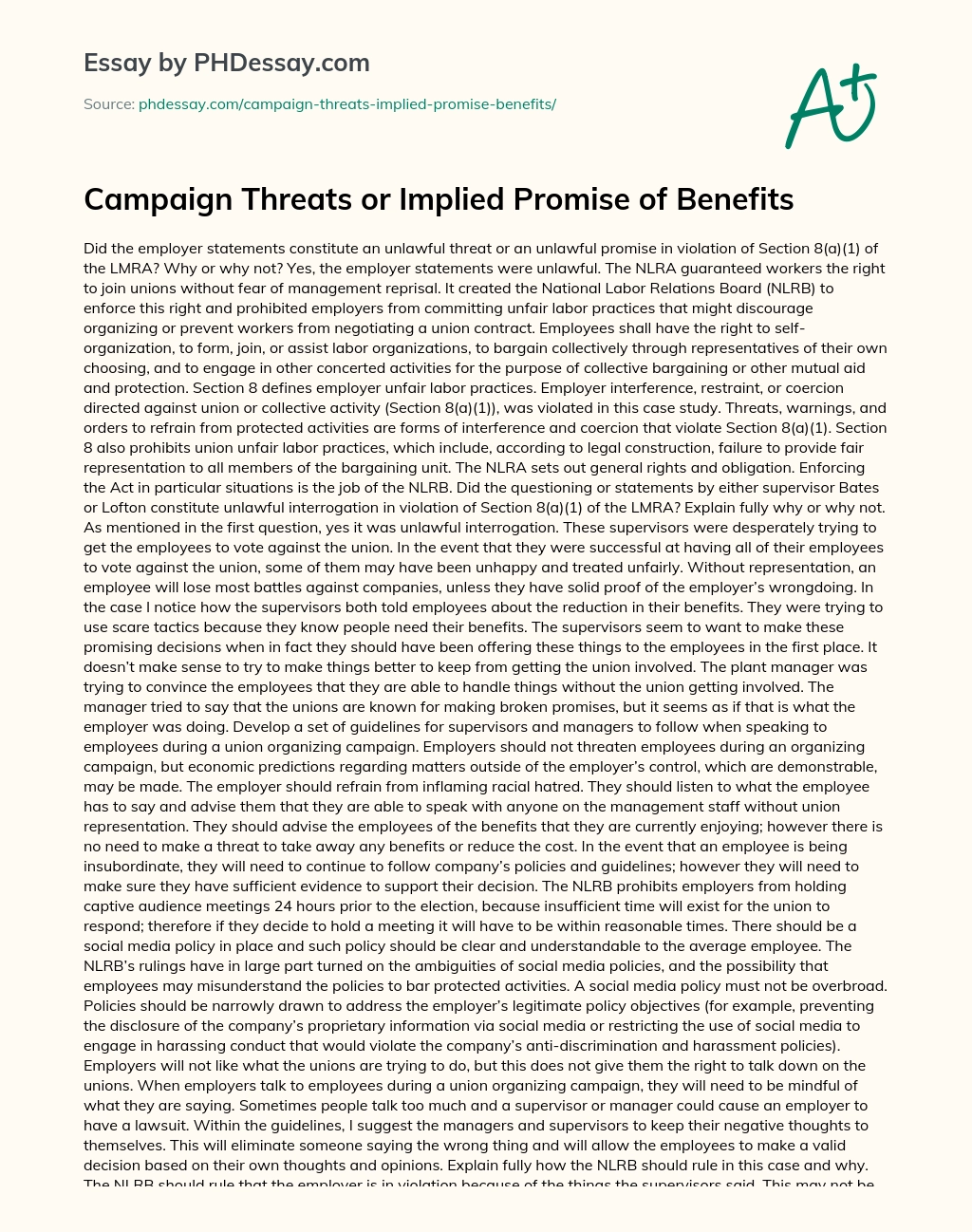 Campaign Threats or Implied Promise of Benefits essay