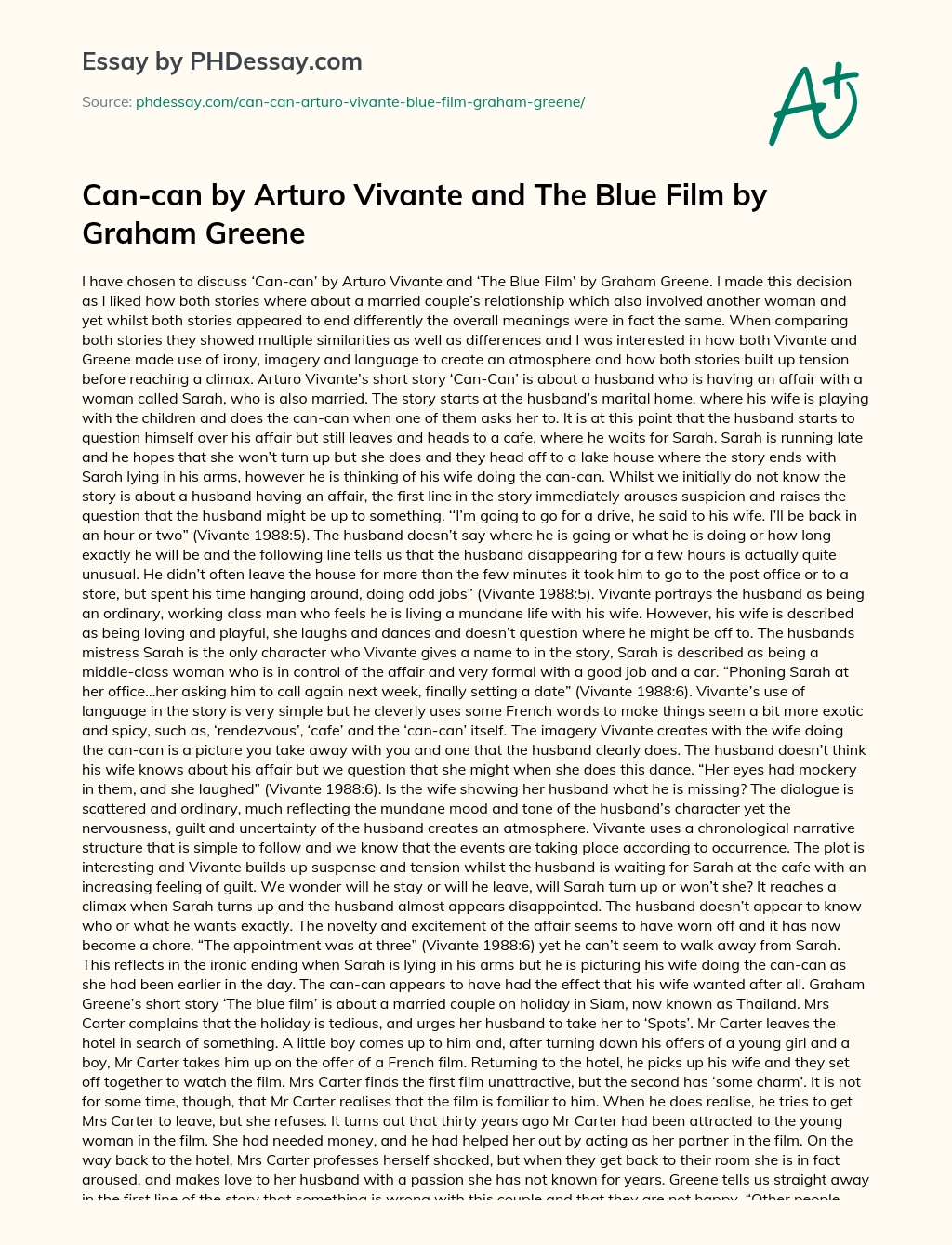 Can-can by Arturo Vivante and The Blue Film by Graham Greene essay