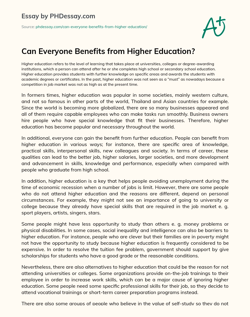 Can Everyone Benefits from Higher Education? essay