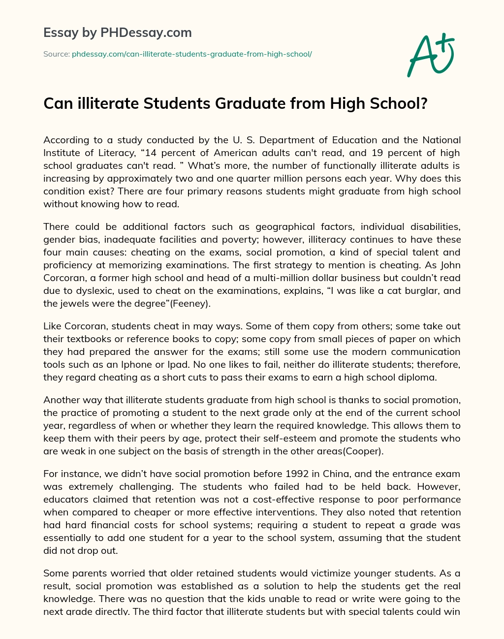 Can illiterate Students Graduate from High School? essay