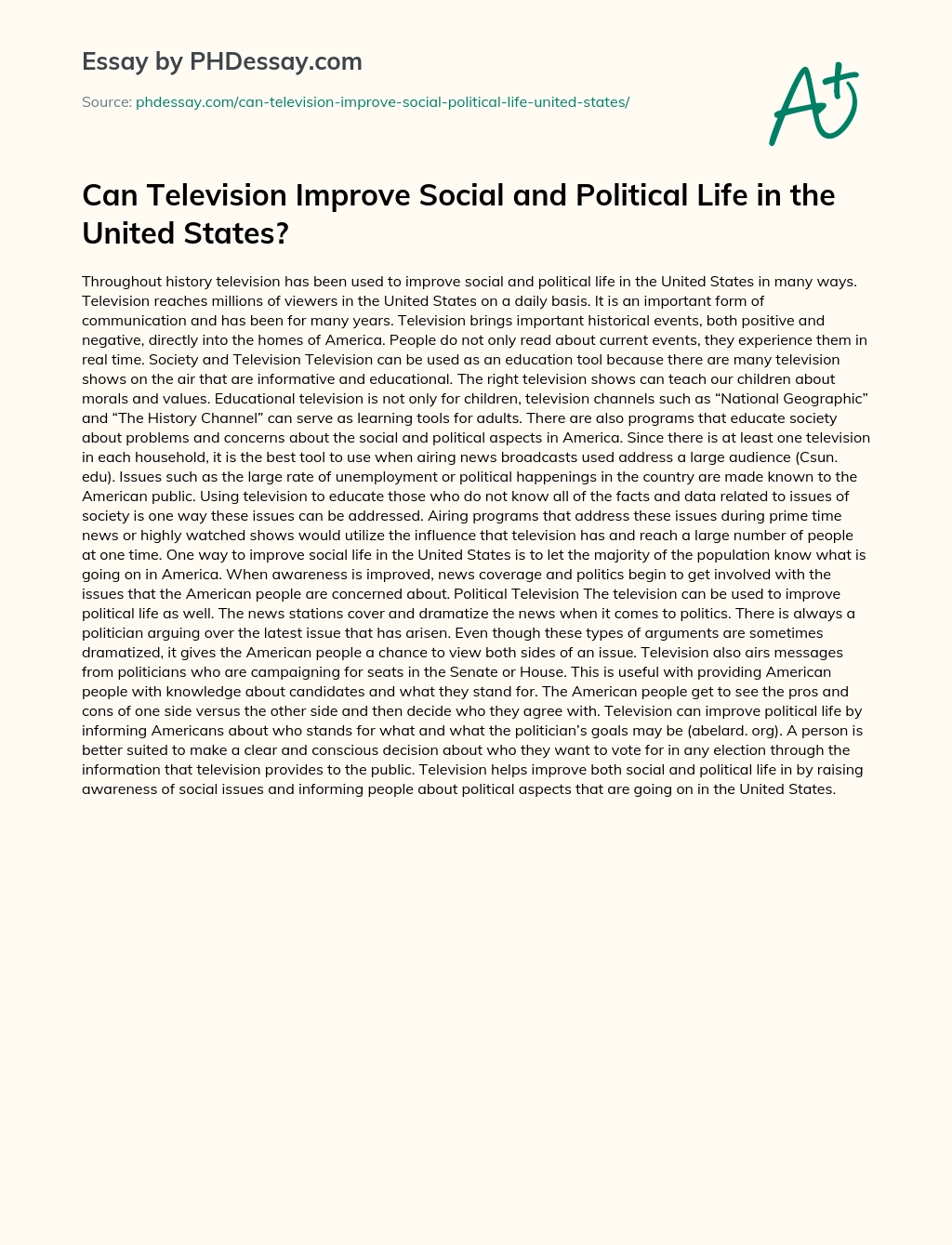 Can Television Improve Social and Political Life in the United States? essay