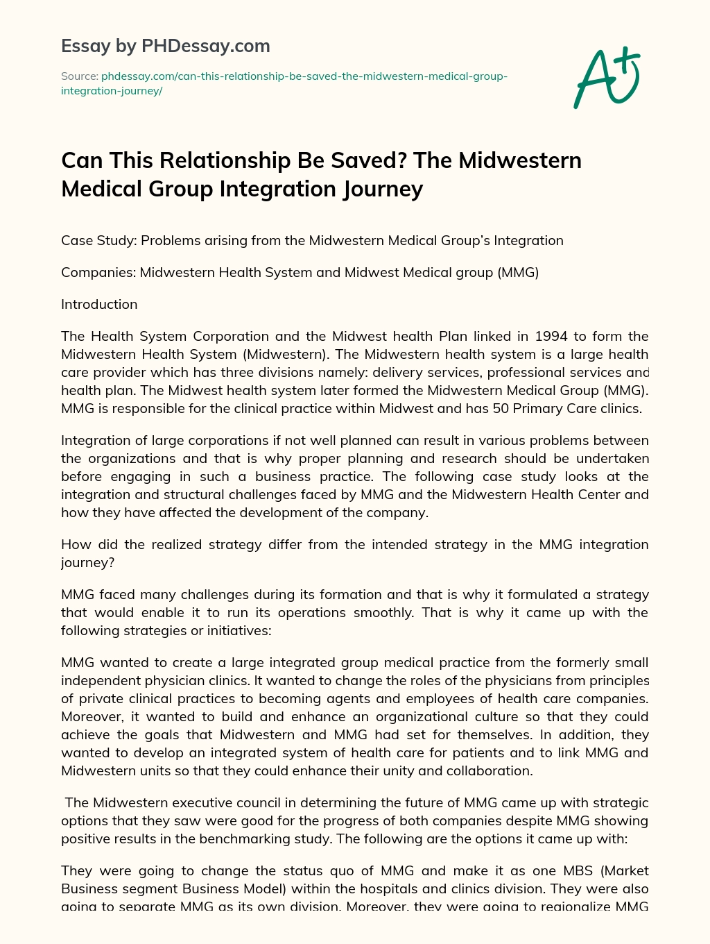 Can This Relationship Be Saved? The Midwestern Medical Group Integration Journey essay