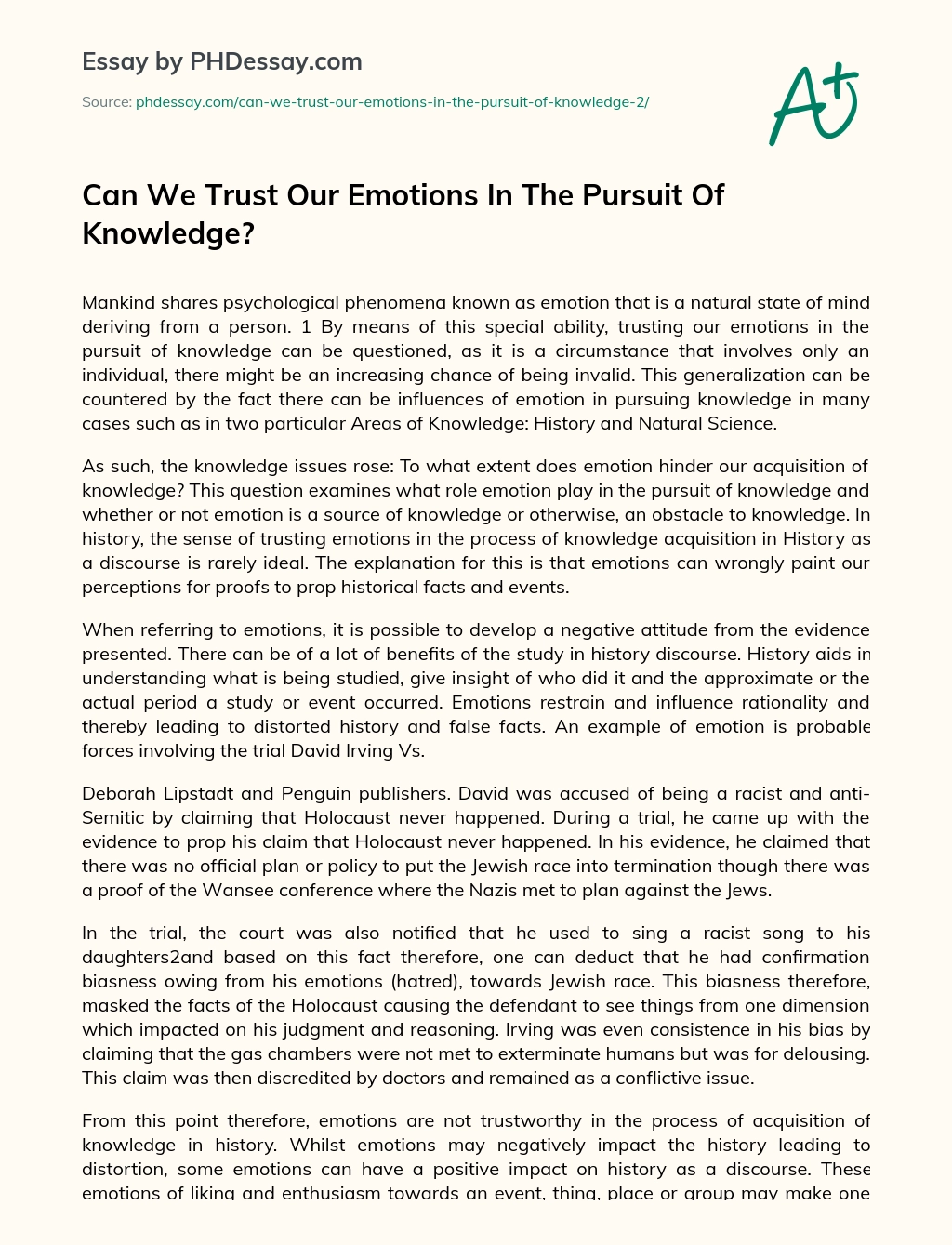 Can We Trust Our Emotions In The Pursuit Of Knowledge? essay