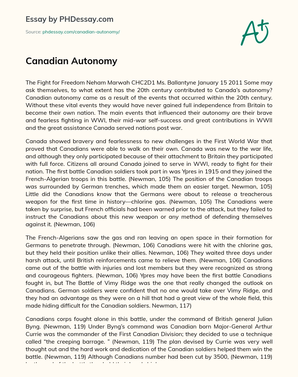 Canadian Autonomy essay
