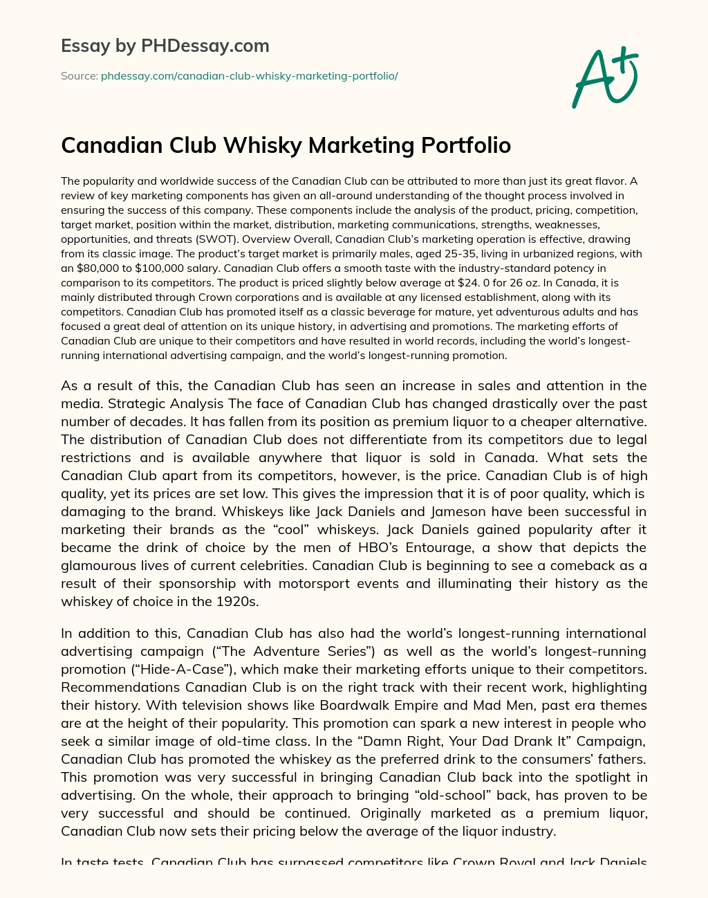 Canadian Club Whisky Marketing Portfolio essay