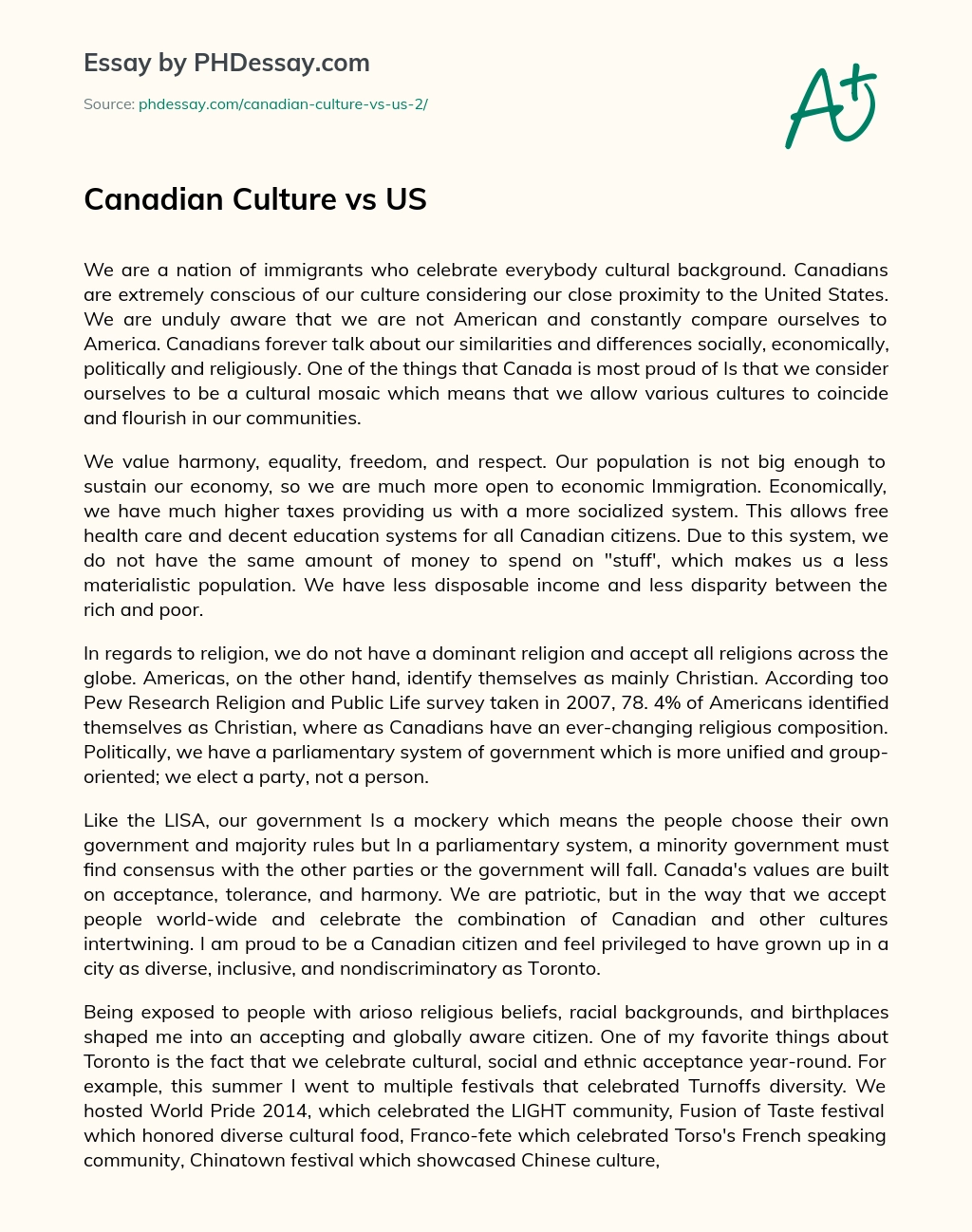 Canadian Culture vs US essay