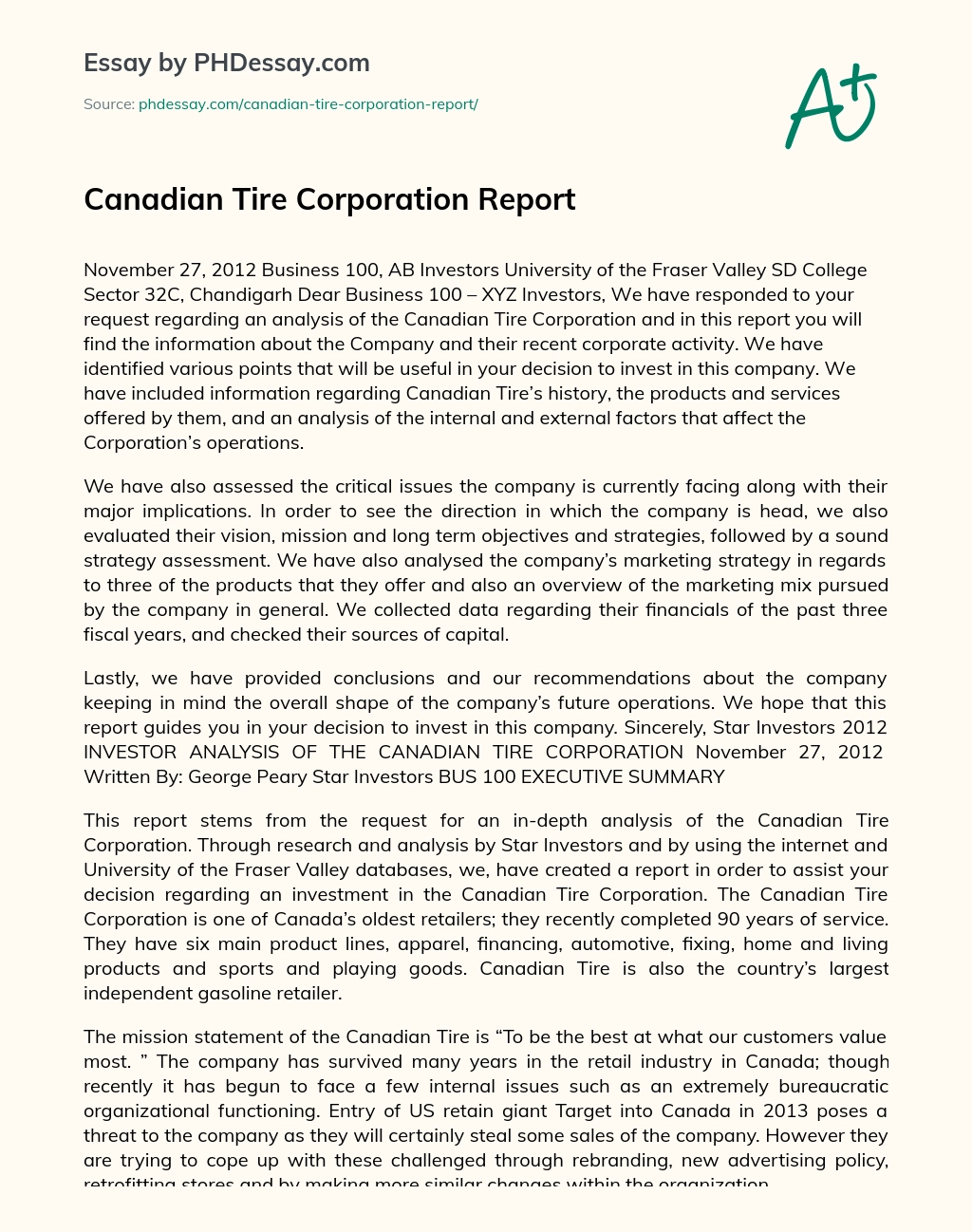 Canadian Tire Corporation Report essay