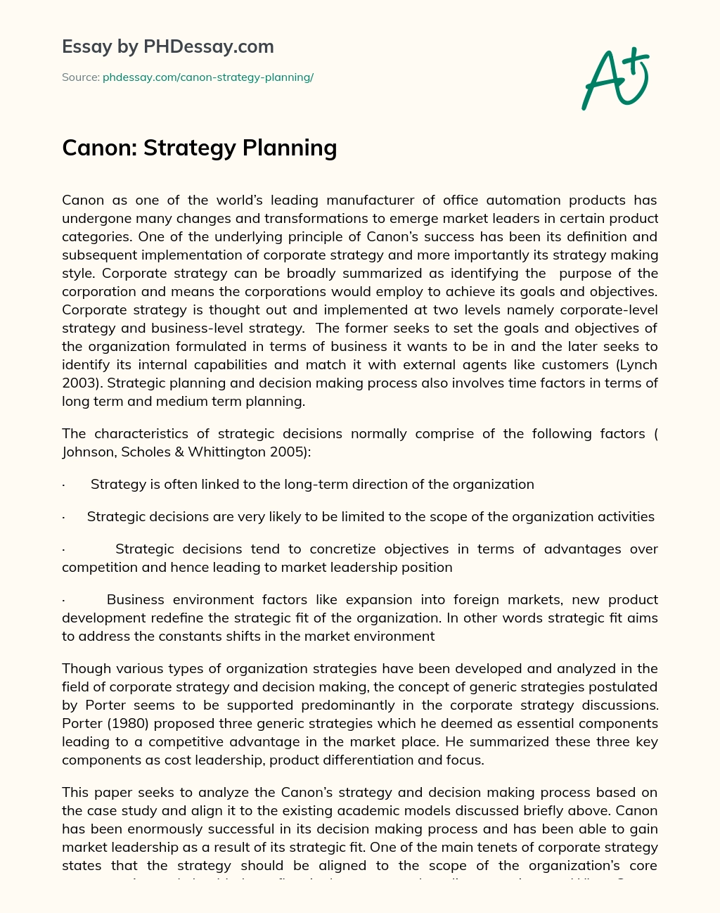 Canon: Strategy Planning essay