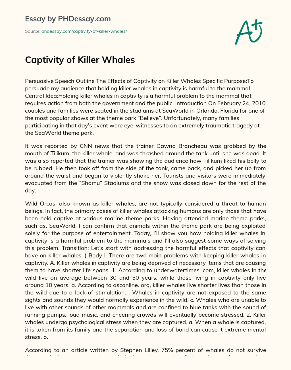 Captivity of Killer Whales essay