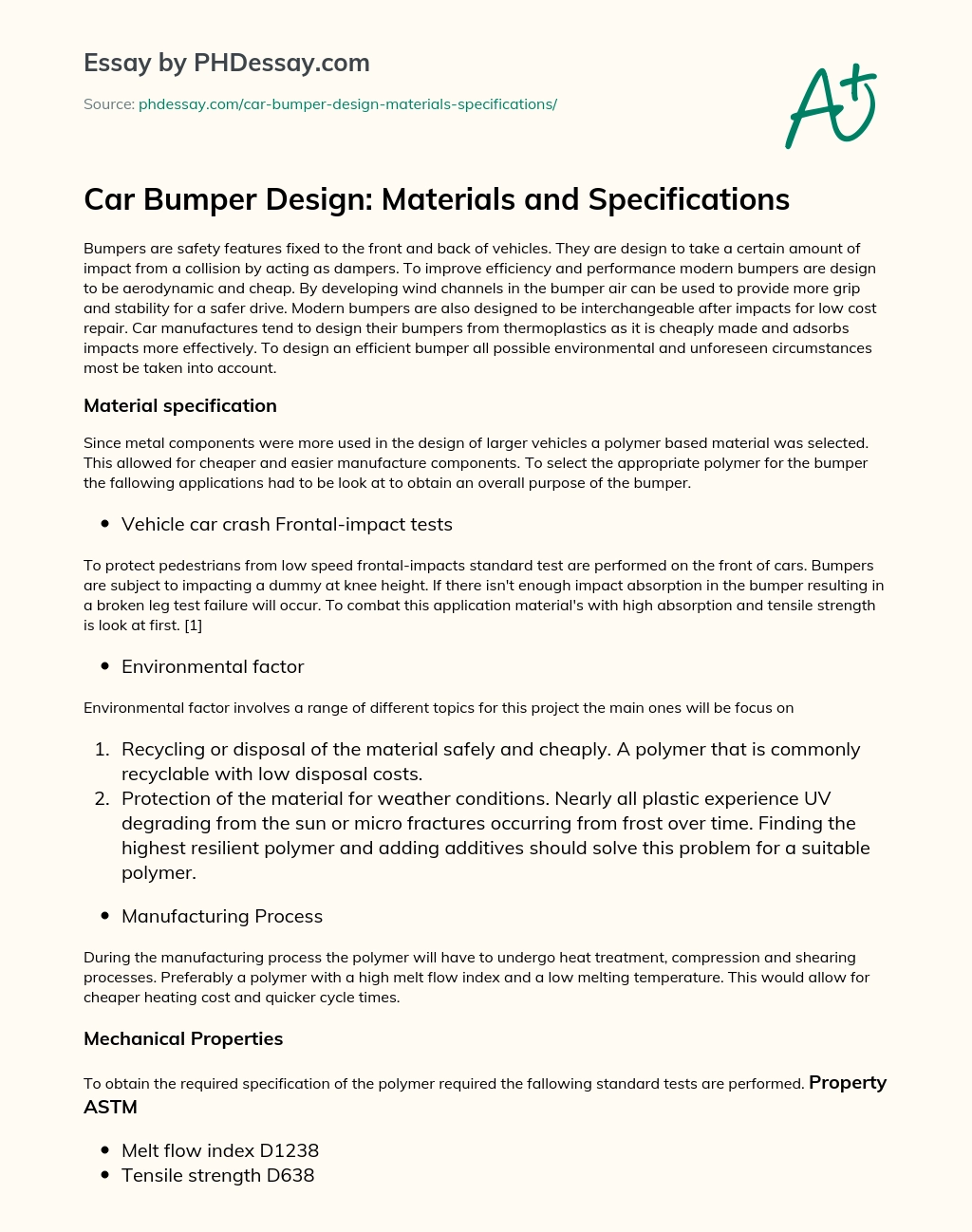 Car Bumper Design: Materials and Specifications essay