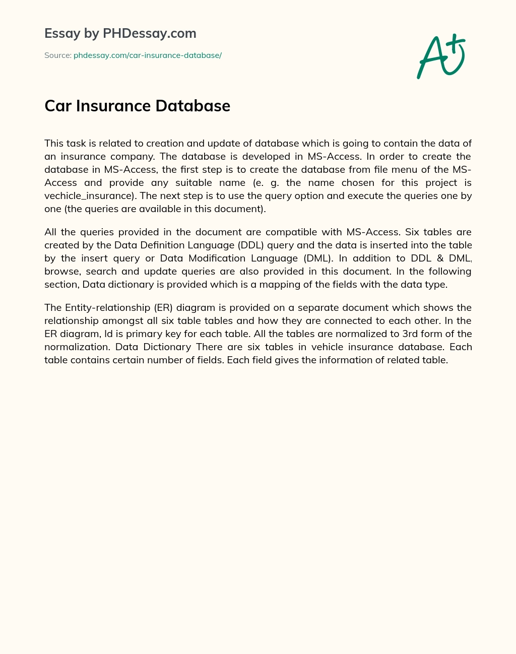 Car Insurance Database essay