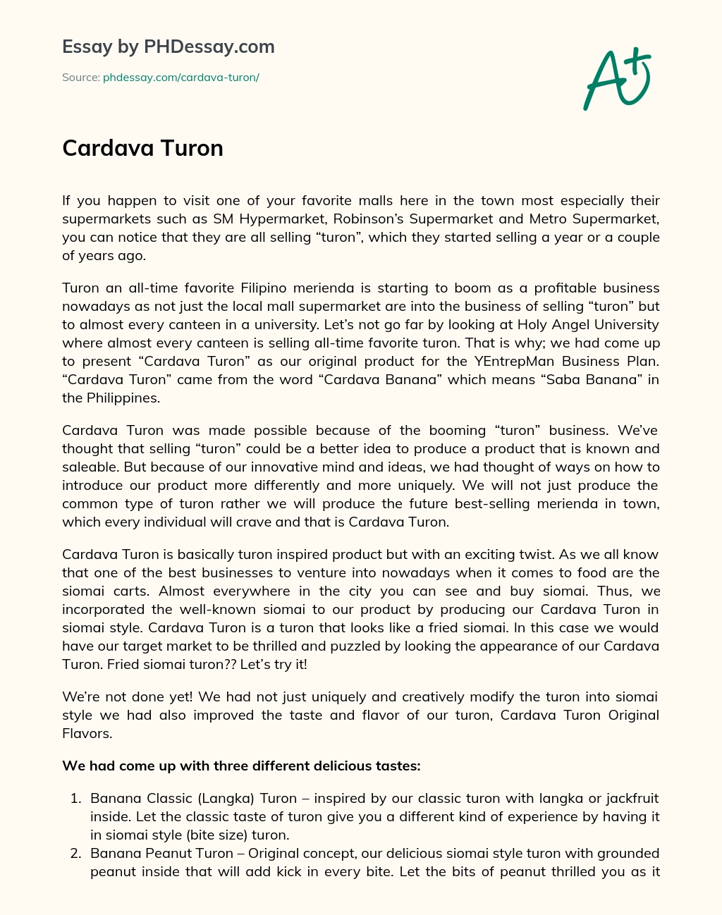 Turon Business Booms: Introducing Cardava Turon essay