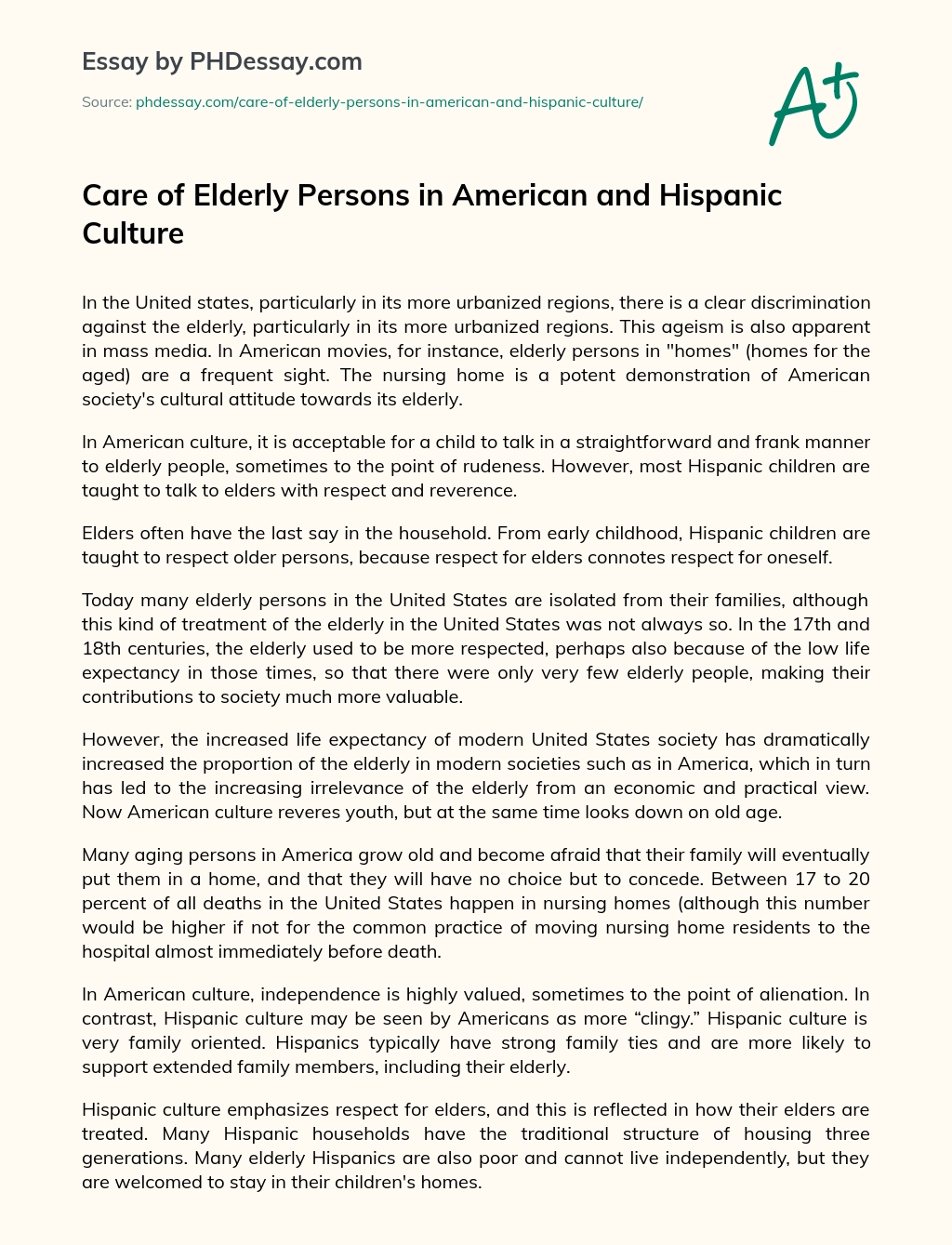 Care of Elderly Persons in American and Hispanic Culture essay