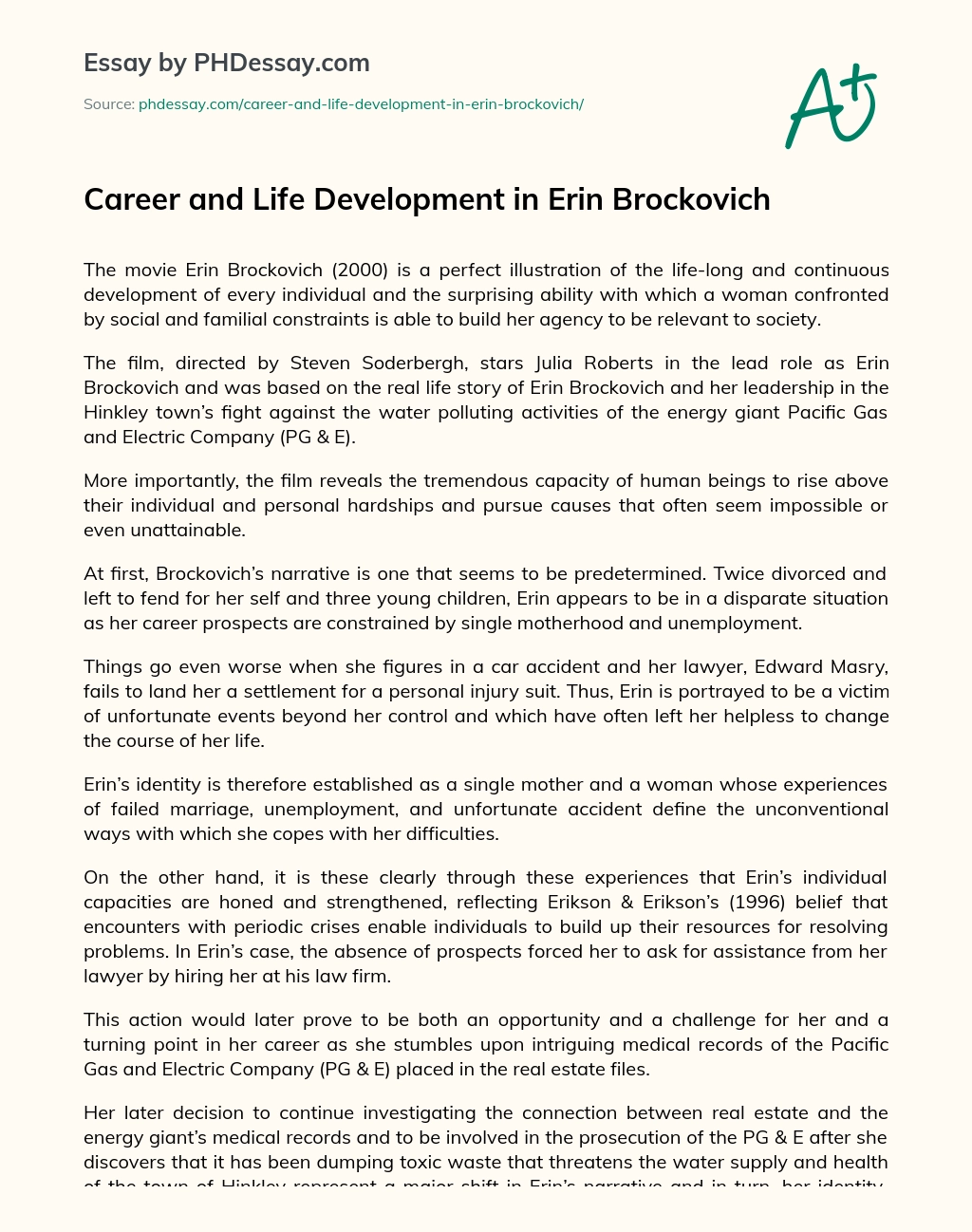 Career and Life Development in Erin Brockovich essay