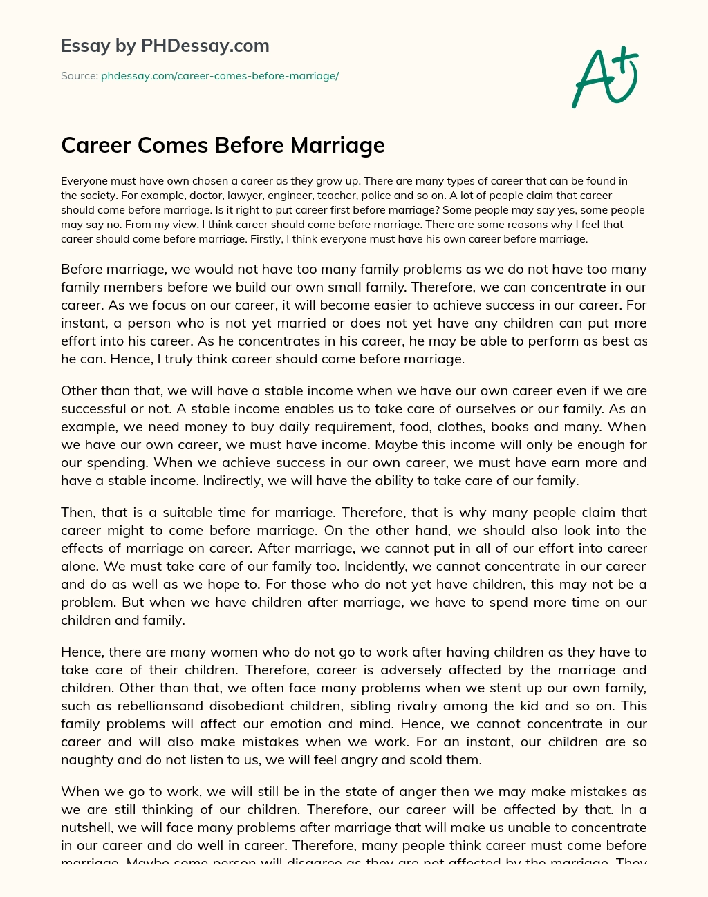 Career Comes Before Marriage essay