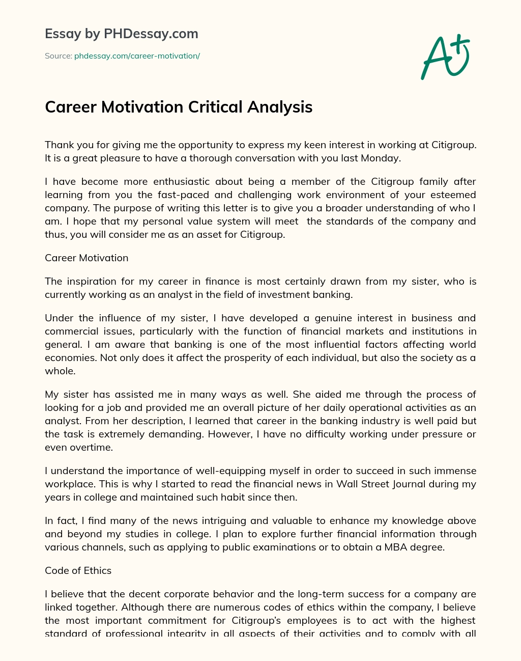 Career Motivation Critical Analysis essay