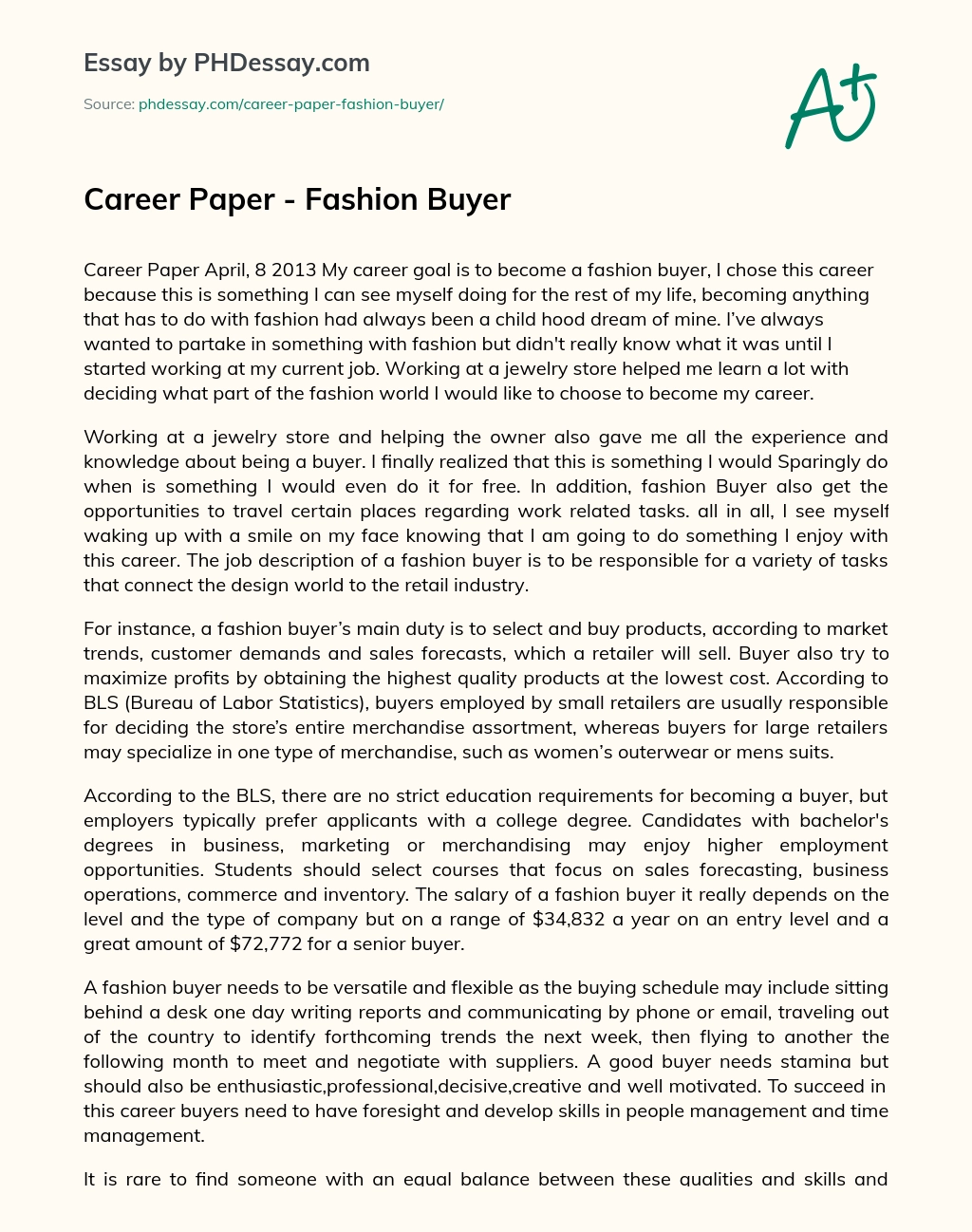 Career Paper – Fashion Buyer essay