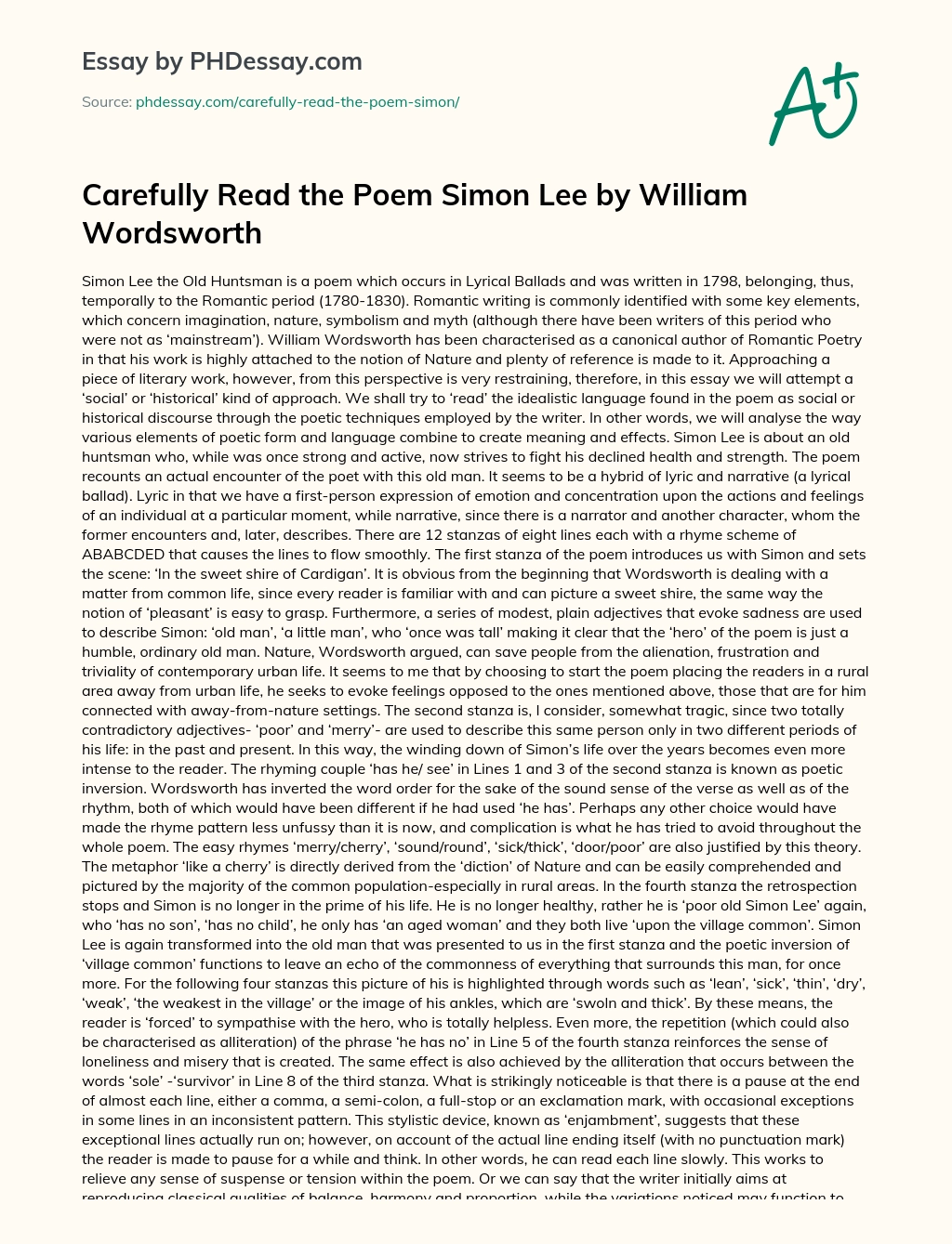 Carefully Read the Poem Simon Lee by William Wordsworth essay