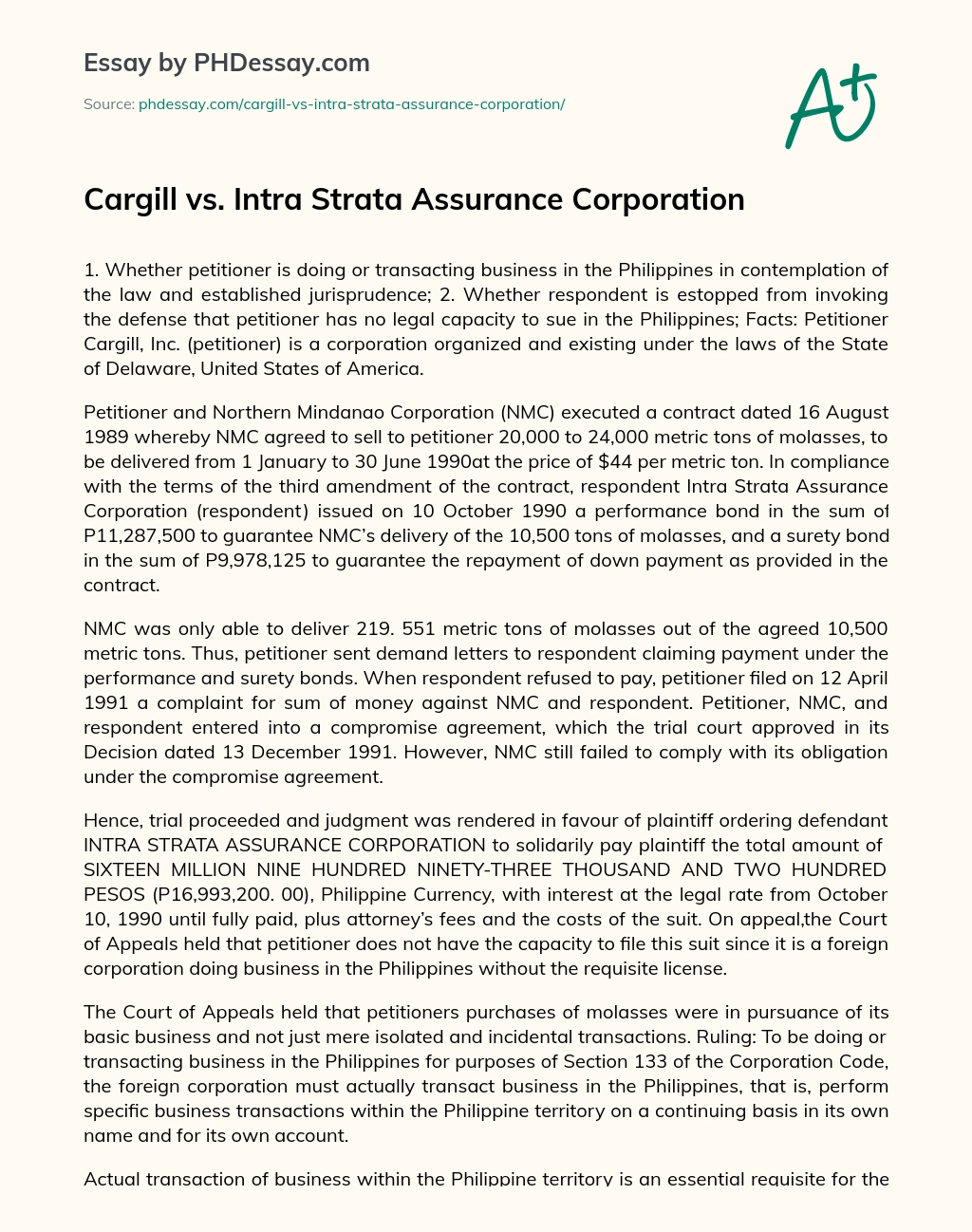 Cargill vs. Intra Strata Assurance Corporation essay