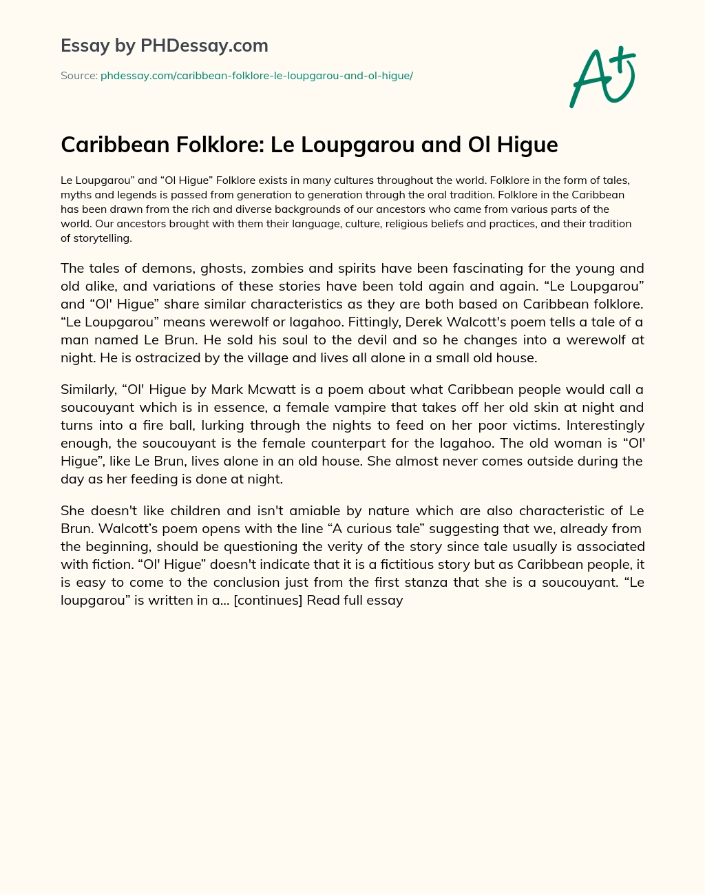 Caribbean Folklore: Le Loupgarou and Ol Higue essay
