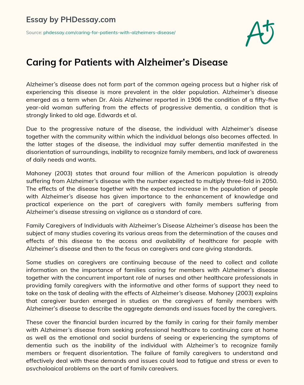 Caring for Patients with Alzheimer’s Disease essay