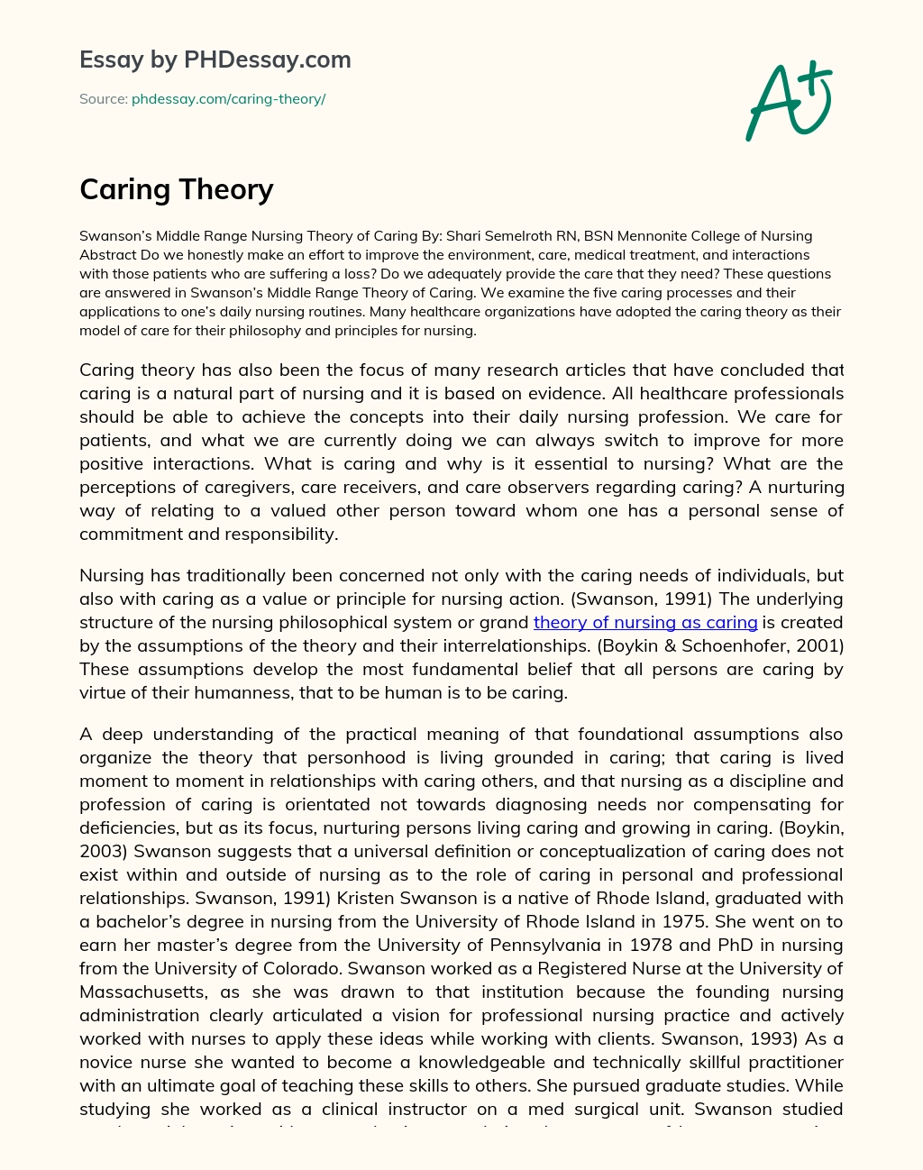 Swanson’s Middle Range Theory of Caring essay