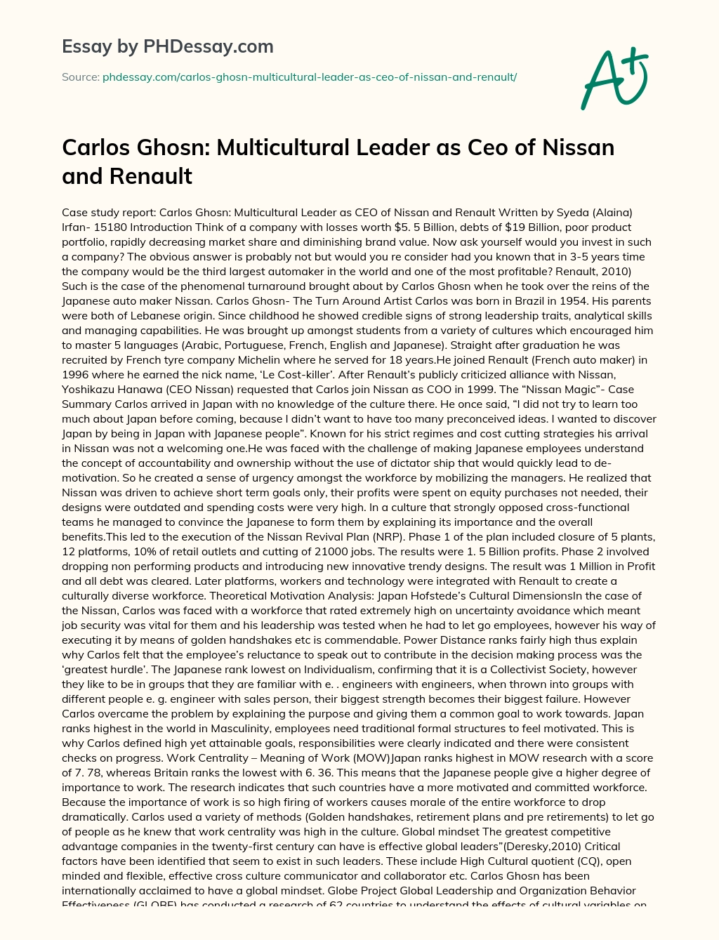 Carlos Ghosn: Multicultural Leader as Ceo of Nissan and Renault essay