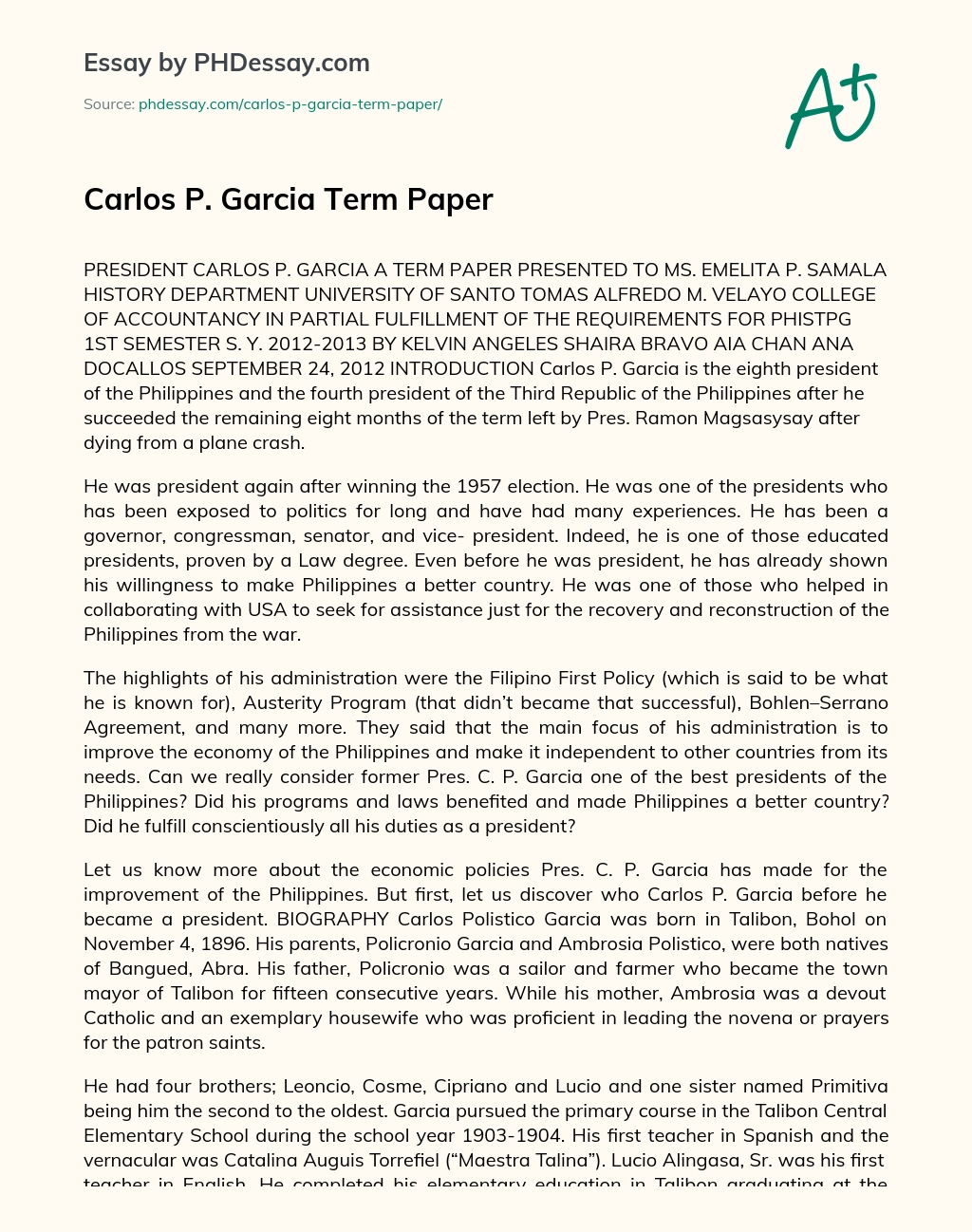 Carlos P. Garcia Term Paper essay