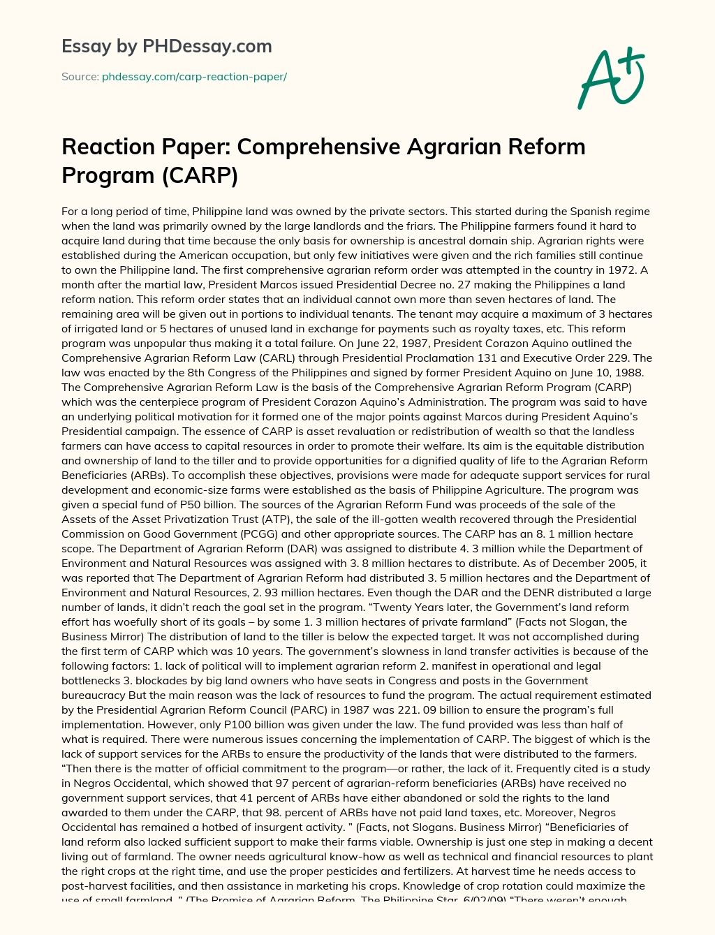 Reaction Paper: Comprehensive Agrarian Reform Program (CARP) essay