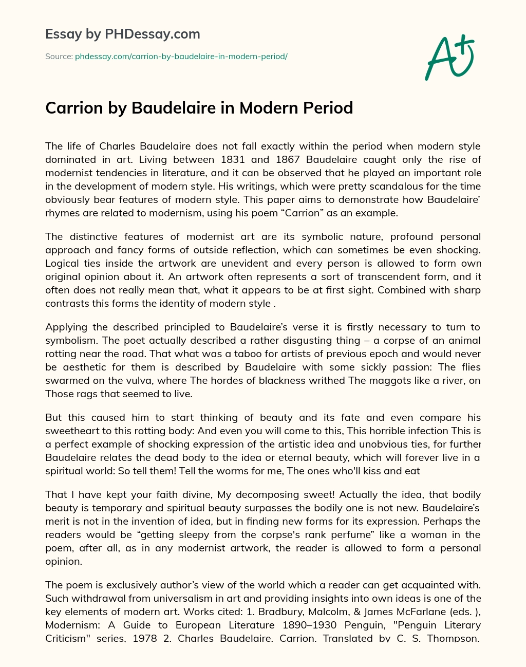 Carrion by Baudelaire in Modern Period essay