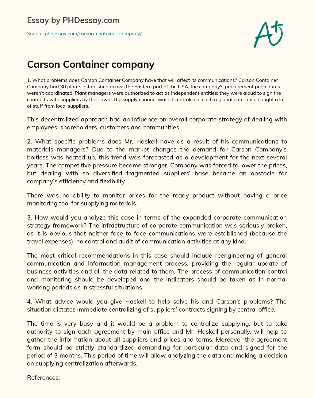 Carson Container company essay