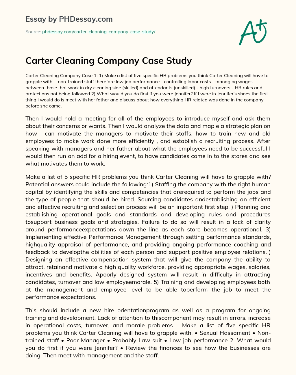 Carter Cleaning Company Case Study essay