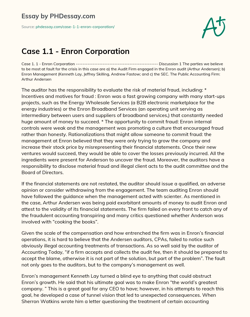 Case 1.1 – Enron Corporation essay