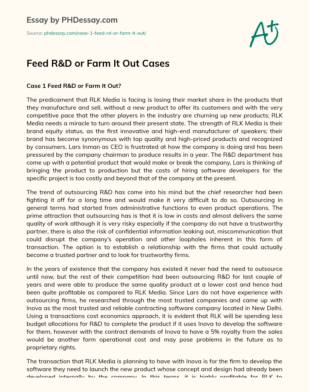 Feed R&D or Farm It Out Cases essay