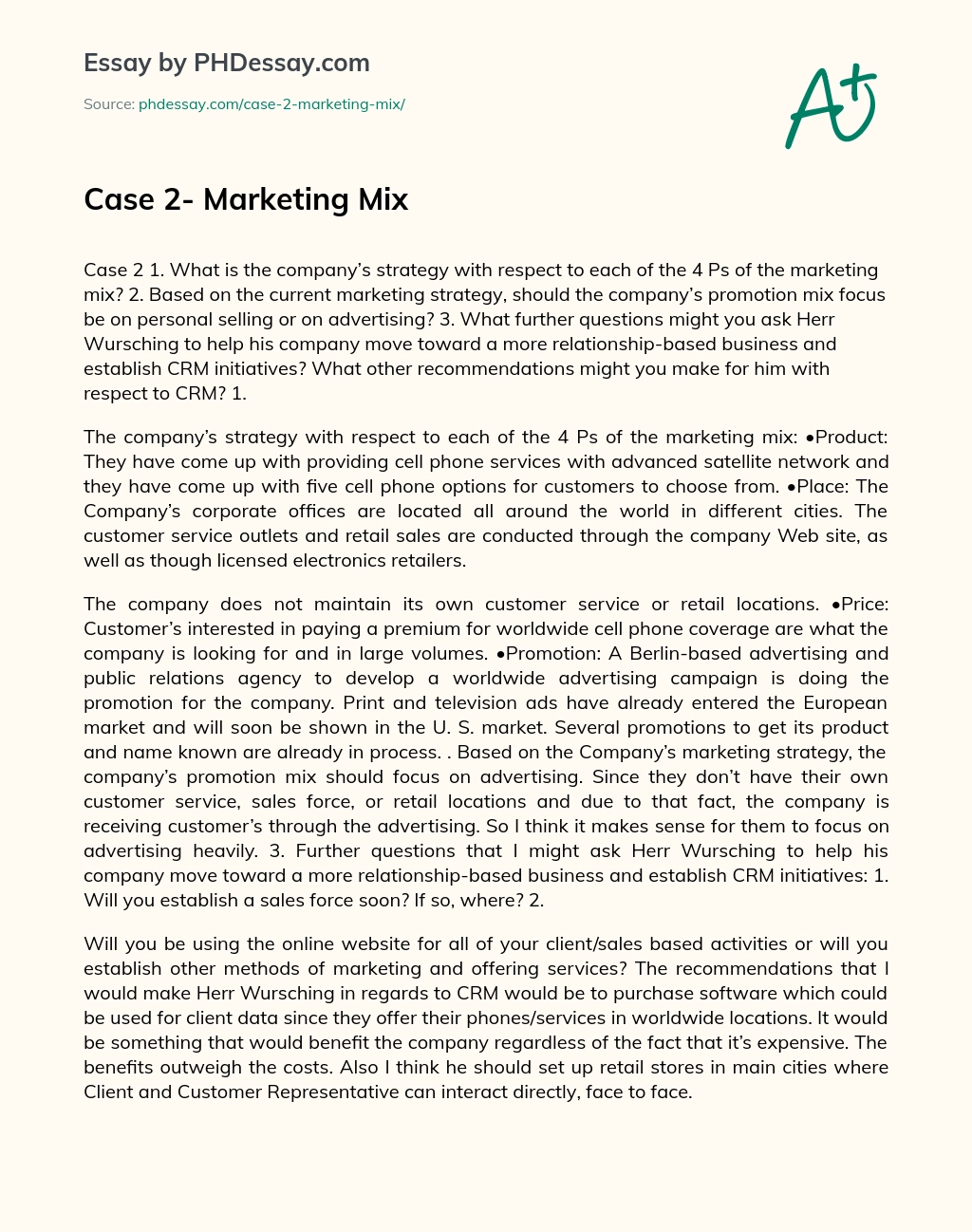 Case 2- Marketing Mix essay