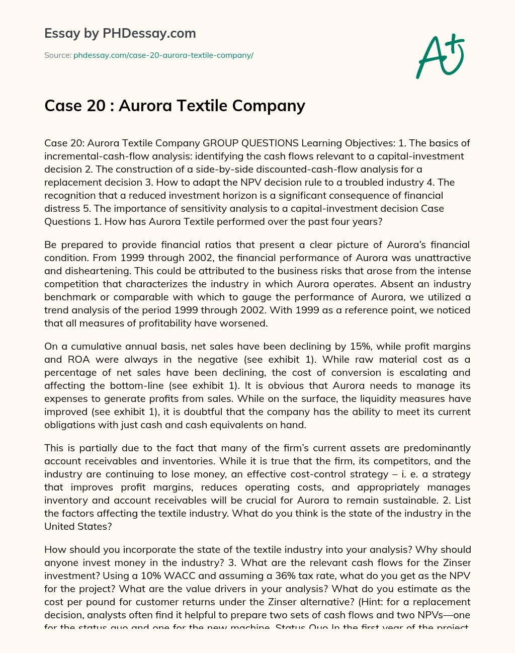 Case 20 : Aurora Textile Company essay