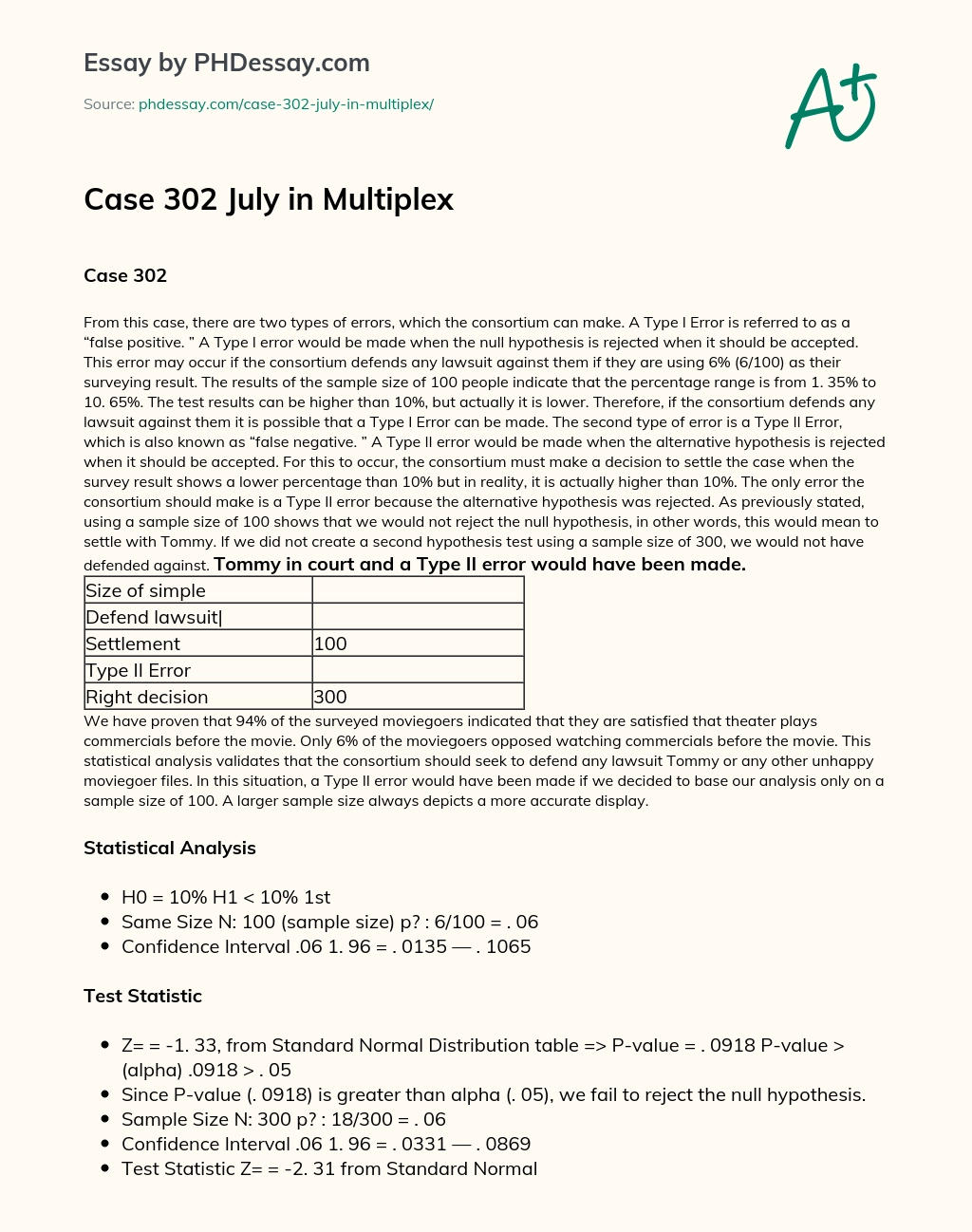 Case 302 July in Multiplex essay