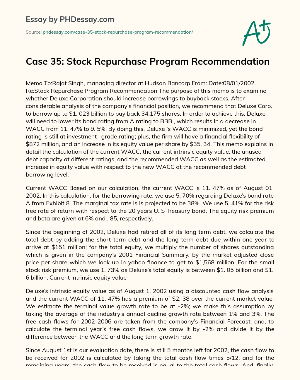 Case 35: Stock Repurchase Program Recommendation essay