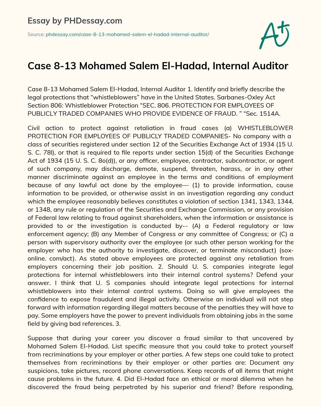 Mohamed Salem El-Hadad, Internal Auditor essay