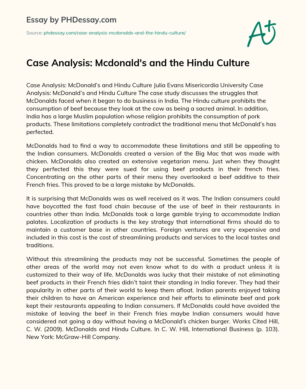 Case Analysis: Mcdonald’s and the Hindu Culture essay