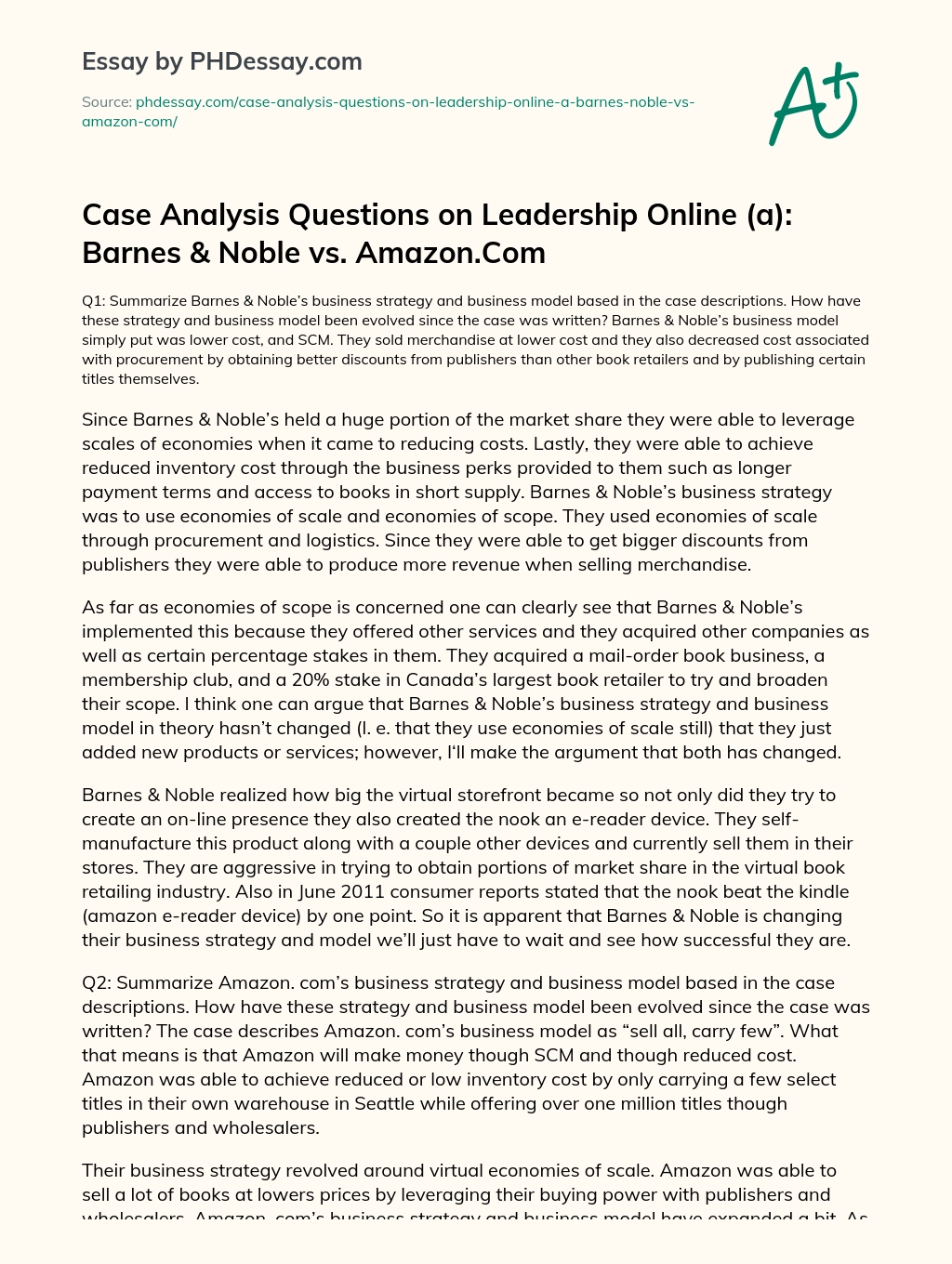 Case Analysis Questions on Leadership Online (a): Barnes & Noble vs. Amazon.Com essay