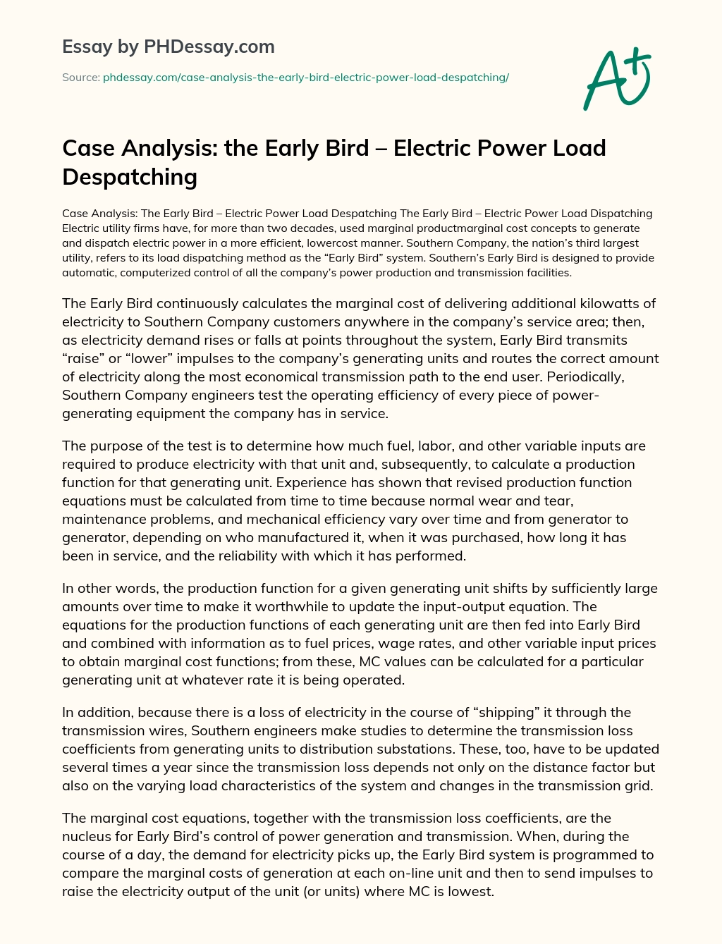 Case Analysis: the Early Bird – Electric Power Load Despatching essay