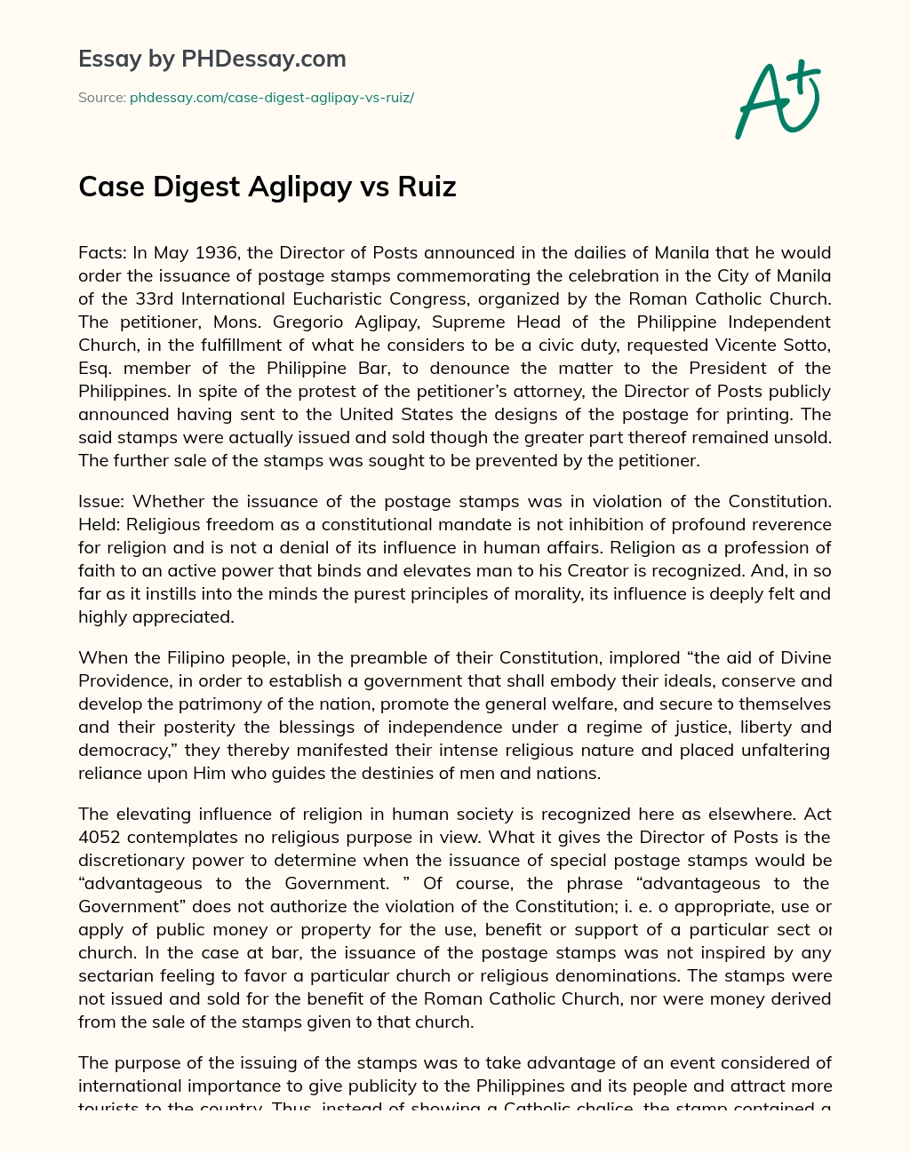 Case Digest Aglipay vs Ruiz essay