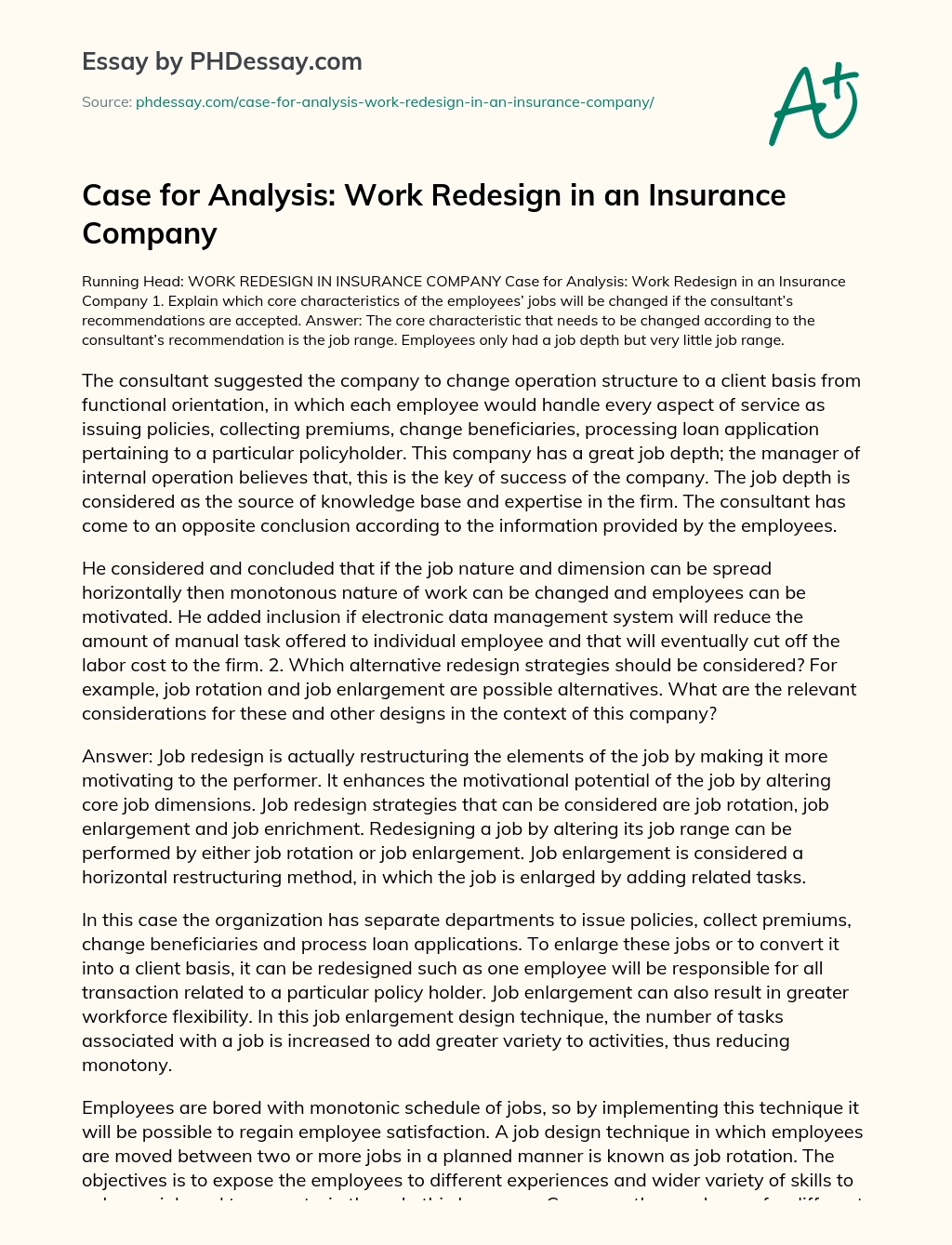 Case for Analysis: Work Redesign in an Insurance Company essay