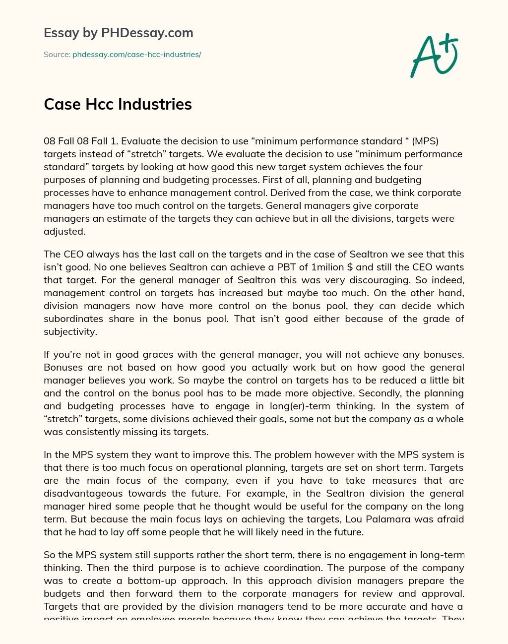 Case Hcc Industries essay